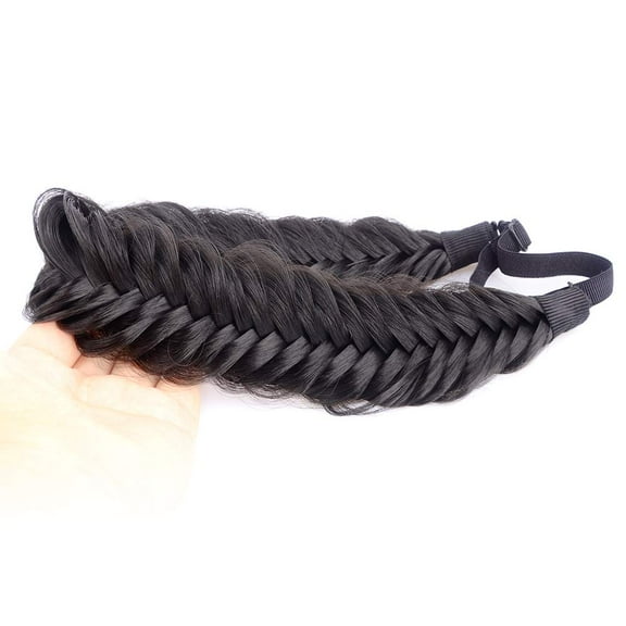 DIGUAN Wide Fishtail 2 Strands Synthetic Hair Braided Headband Classic Chunky Plaited Braids Elastic Stretch Hairpiece (Natural Black)