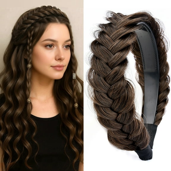 DIGUAN Wide Messy Braided Headband With Teeth Synthetic Hair Plaited Headband High Elasticity Braids Chunky Fishtail Braided Hair Band Hairpiece for Girls Women Beauty Accessory (Copper Brown)