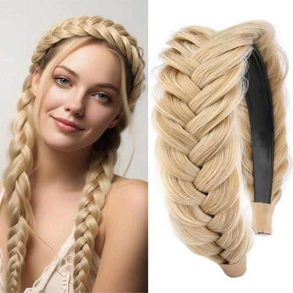 DIGUAN Wide Messy Braided Headband With Teeth Synthetic Hair Plaited Headband High Elasticity Braids Chunky Fishtail Braided Hair Band Hairpiece for Girls Women Beauty Accessory (Honey Blonde)