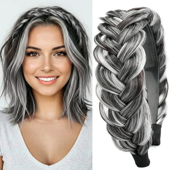 DIGUAN Wide Messy Braided Headband With Teeth Synthetic Hair Plaited Headband High Elasticity Braids Chunky Fishtail Braided Hair Band Hairpiece for Girls Women Beauty Accessory (Dark Gray)