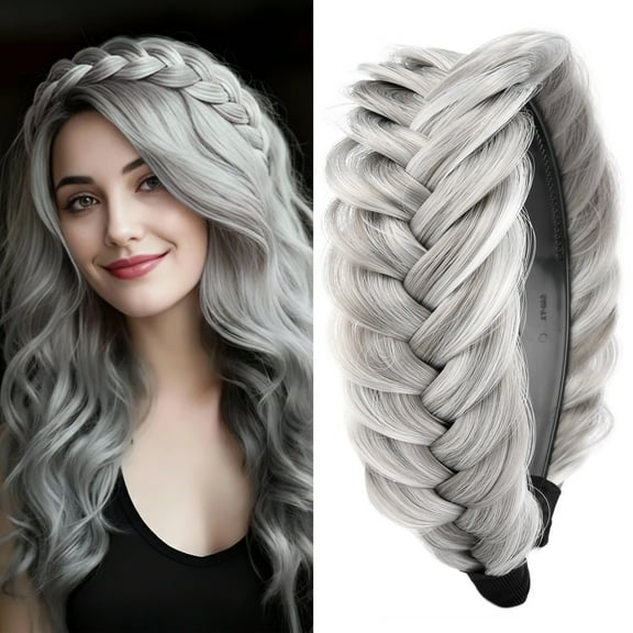 DIGUAN Wide Messy Braided Headband With Teeth Synthetic Hair Plaited Headband High Elasticity Braids Chunky Fishtail Braided Hair Band Hairpiece for Girls Women Beauty Accessory (Smoky Gray)