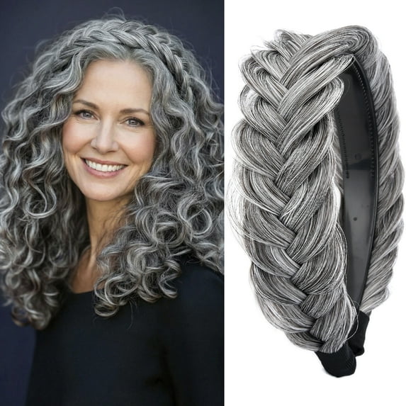 DIGUAN Wide Messy Braided Headband With Teeth Synthetic Hair Plaited Headband High Elasticity Braids Chunky Fishtail Braided Hair Band Hairpiece for Girls Women Beauty Accessory (Salt Pepper)