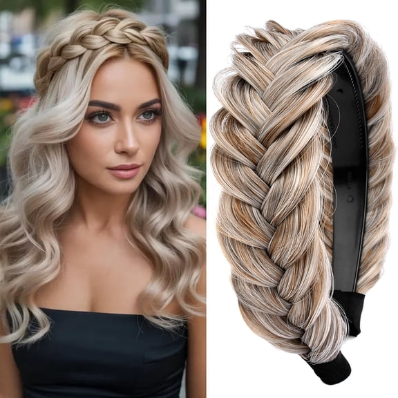 DIGUAN Wide Messy Braided Headband With Teeth Synthetic Hair Plaited Headband High Elasticity Braids Chunky Fishtail Braided Hair Band Hairpiece for Girls Women Beauty Accessory (White Gray Brown)