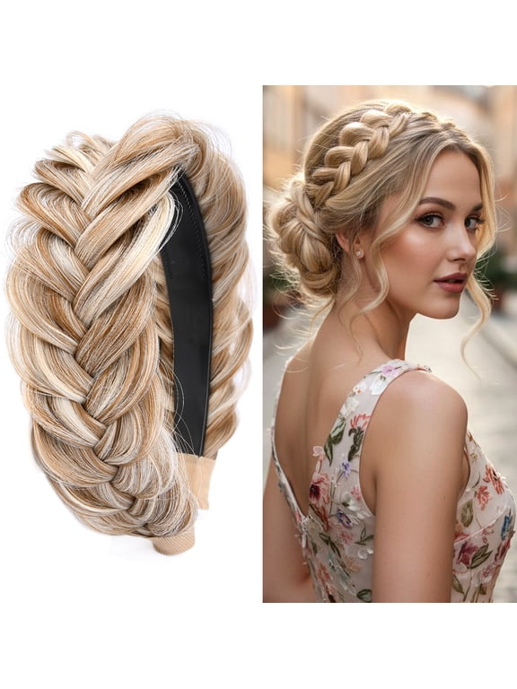 Wide Messy Braided Headband With Teeth Synthetic Hair Plaited Headband High Elasticity Braids Fishtail Braided Hair Band Hairpiece for Girls Women (Sandy Blonde)
