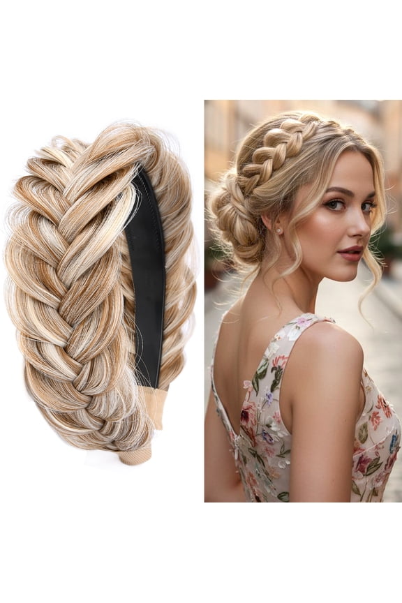 Wide Messy Braided Headband With Teeth Synthetic Hair Plaited Headband High Elasticity Braids Fishtail Braided Hair Band Hairpiece for Girls Women (Sandy Blonde)