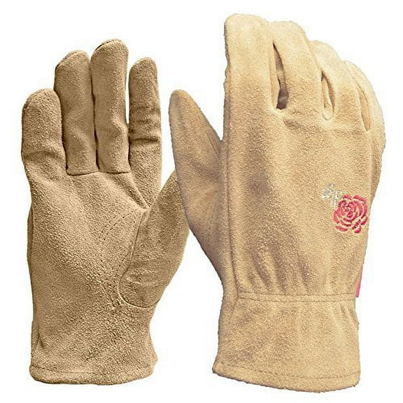 DIGZ Women's Full Suede Leather Garden Gloves, Single Pair, Pink Flower, Medium