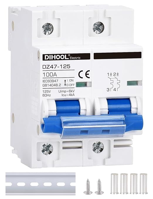 DIHOOL 100 Amp Circuit Breaker DIN Rail Mount 2 Pole AC 110V Low Voltage disconnect switch