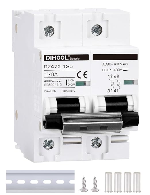 DIHOOL 120 Amp DC Circuit Breaker, 12-400V 2-Pole Solar Disconnect Switch, AC DC universal din rail Mount miniature circuit breakers