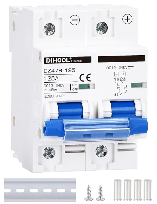 DIHOOL 125 Amp dc circuit breaker, 2-pole 12V to 240 Volt DIN Rail Mount solar disconnect switch for Battery