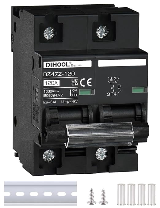 DIHOOL DC Circuit Breaker 120 Amp solar disconnect switch 2P 1000V for PV, UPS, RV Battery,DIN Rail Mount