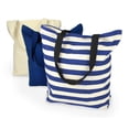 thumbnail image 1 of DII 100% Cotton, Machine Washable Heavy Duty Canvas Reusable Shopping Tote Bag, Natural and Nautical Blue Stripe, Set of 3, 1 of 7