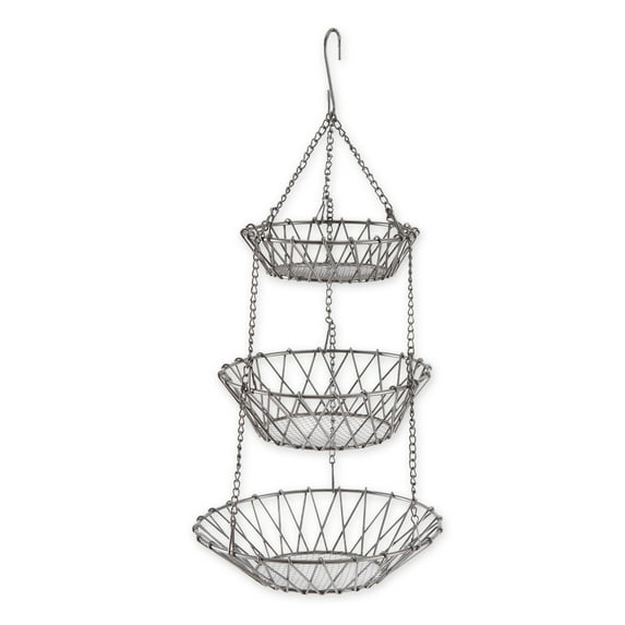 DII Metal Kitchen Storage Collection Farmhouse Stand 3-Tier Hanging Fruit Basket, Satin Nickel
