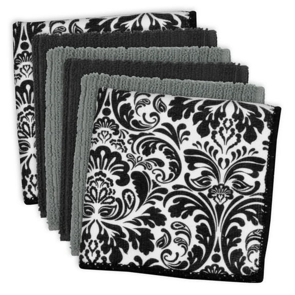 DII 12" Modern Style Polyester Fabric Damask Dishcloths in Black (Set of 6)