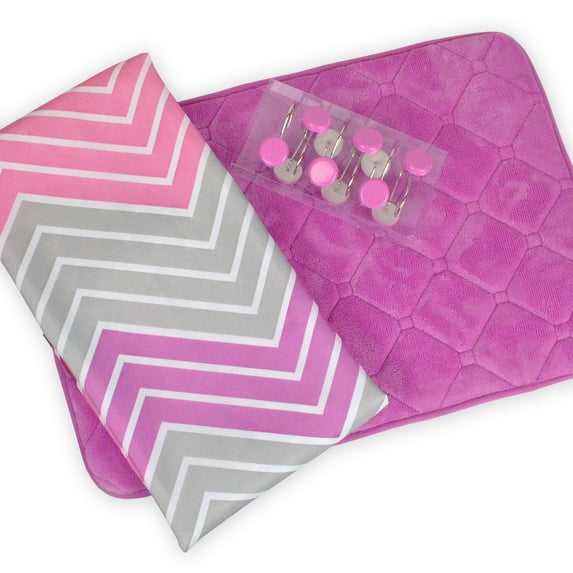 DII 14-Piece Modern Fabric Shower Hooks Assorted Bath Set in Chevron Pink