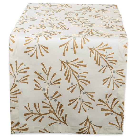 DII 14x108" Modern Cotton Metallic Holly Leaves Table Runner in Gold