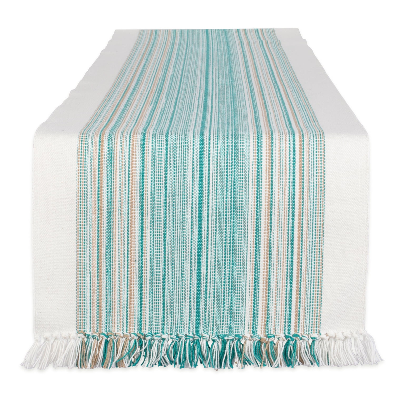 Teal Blue Cotton Striped Fringed Table Runner 14x72"