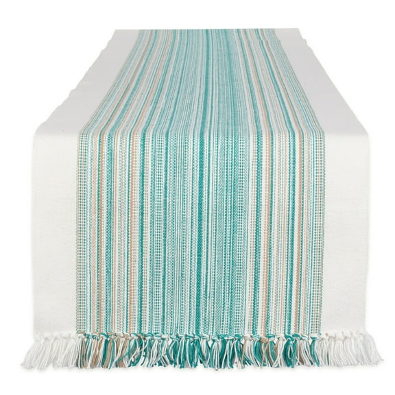 DII 14x72" Modern Cotton Striped Fringed Table Runner in Teal Blue