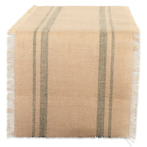 DII 14x72" Modern Fabric Double Border Burlap Table Runner in Beige/Green