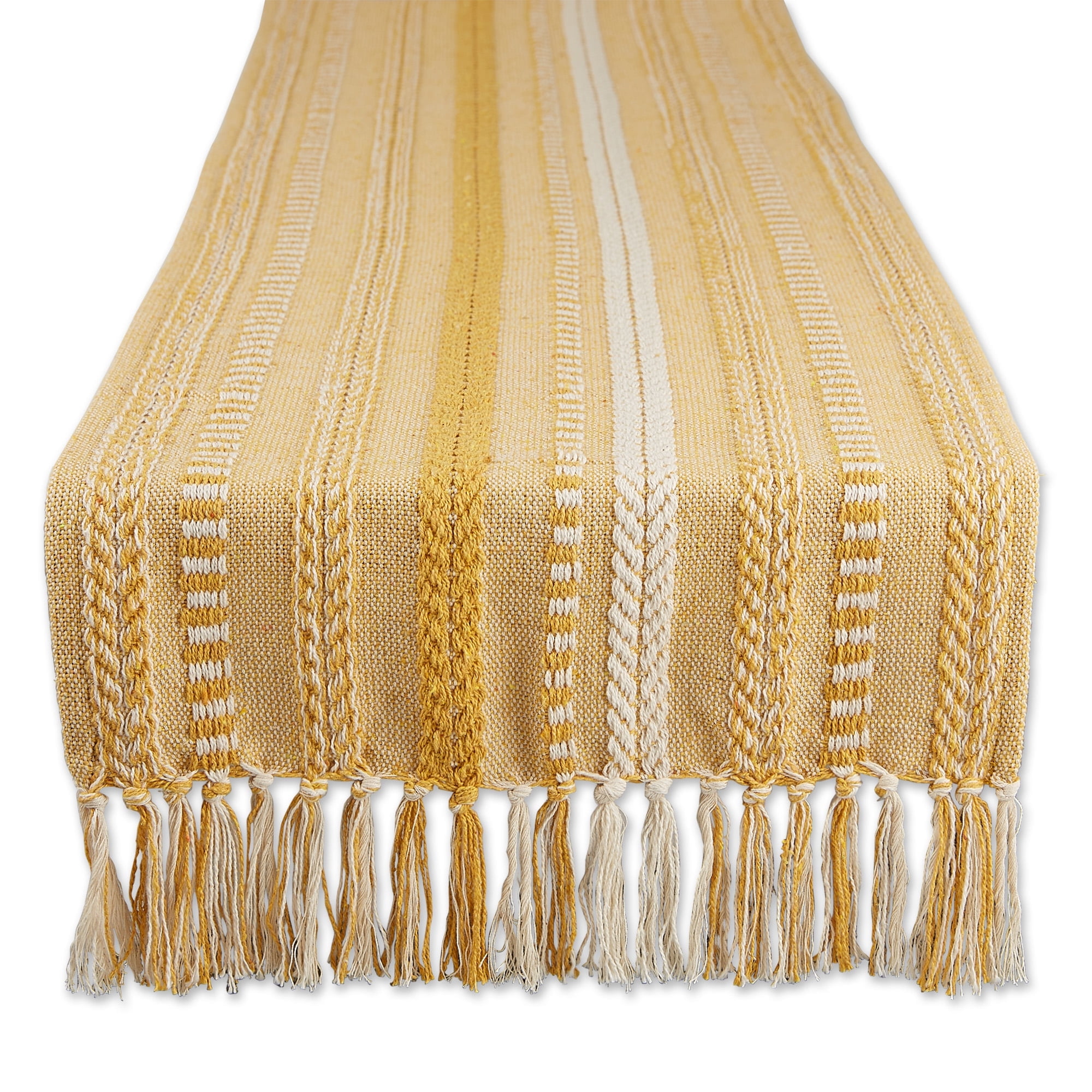 Honey Gold and White Cotton Braided Stripe Table Runner with Fringe