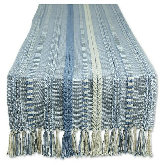 DII 15x108" Modern Cotton Braided Stripe Table Runner in Stonewash Blue/White