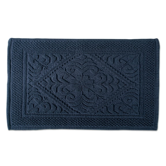 DII 31x20" Modern Cotton Damask Jacquard Bordered Bath Mat in Navy