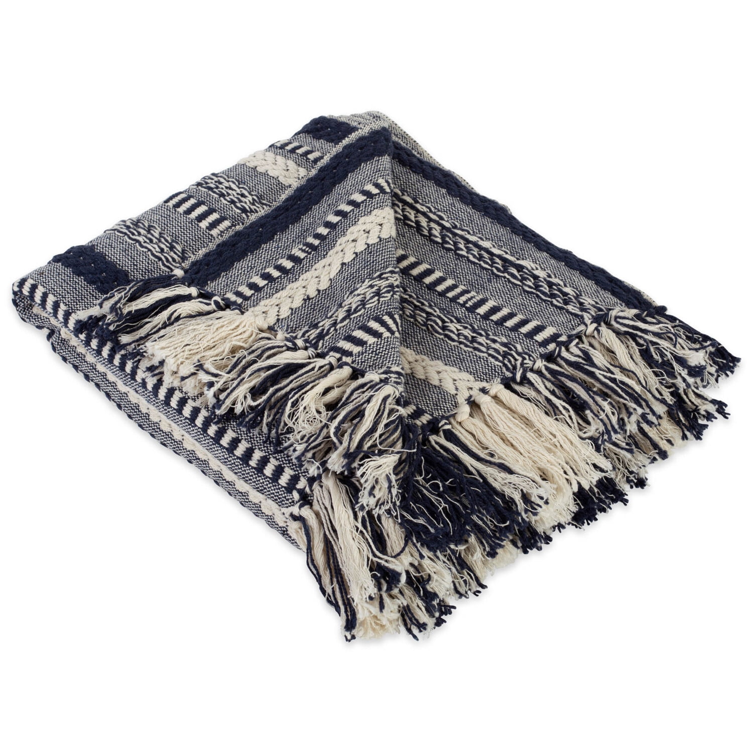 Navy and White Cotton Braided Striped Throw Blanket