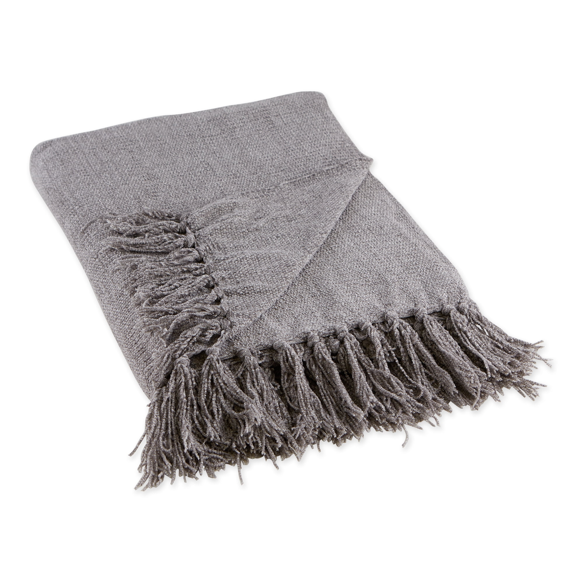 Soft Gray Chenille Knitted 50"x60" Throw with Fringed Edges