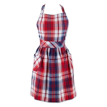 Contemporary Home Living Americana Plaid Unisex Kitchen Apron with Pockets - 35" - White and Red