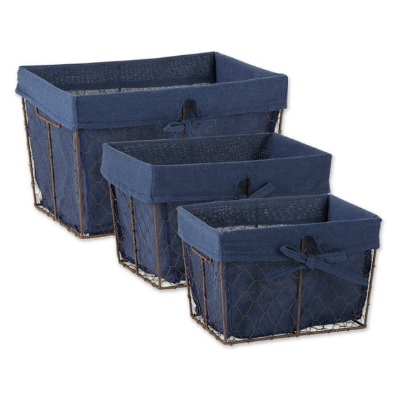 DII Assorted Antique Chicken Wire Baskets, Bronze with Blue Liner, Set of 3