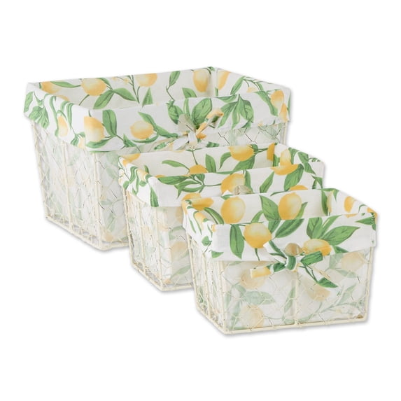Assorted Antique White Chicken Wire Lemon Print Cotton Liner Basket (Set of 3)