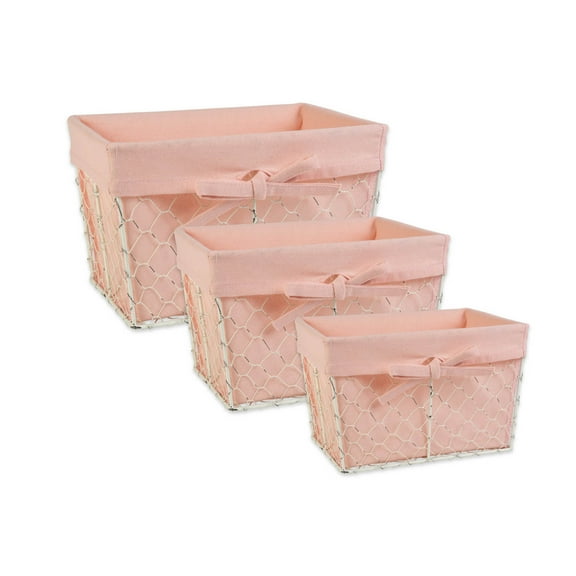 DII Assorted Antique Chicken Wire Baskets, white with Blush Liner, Set of 3