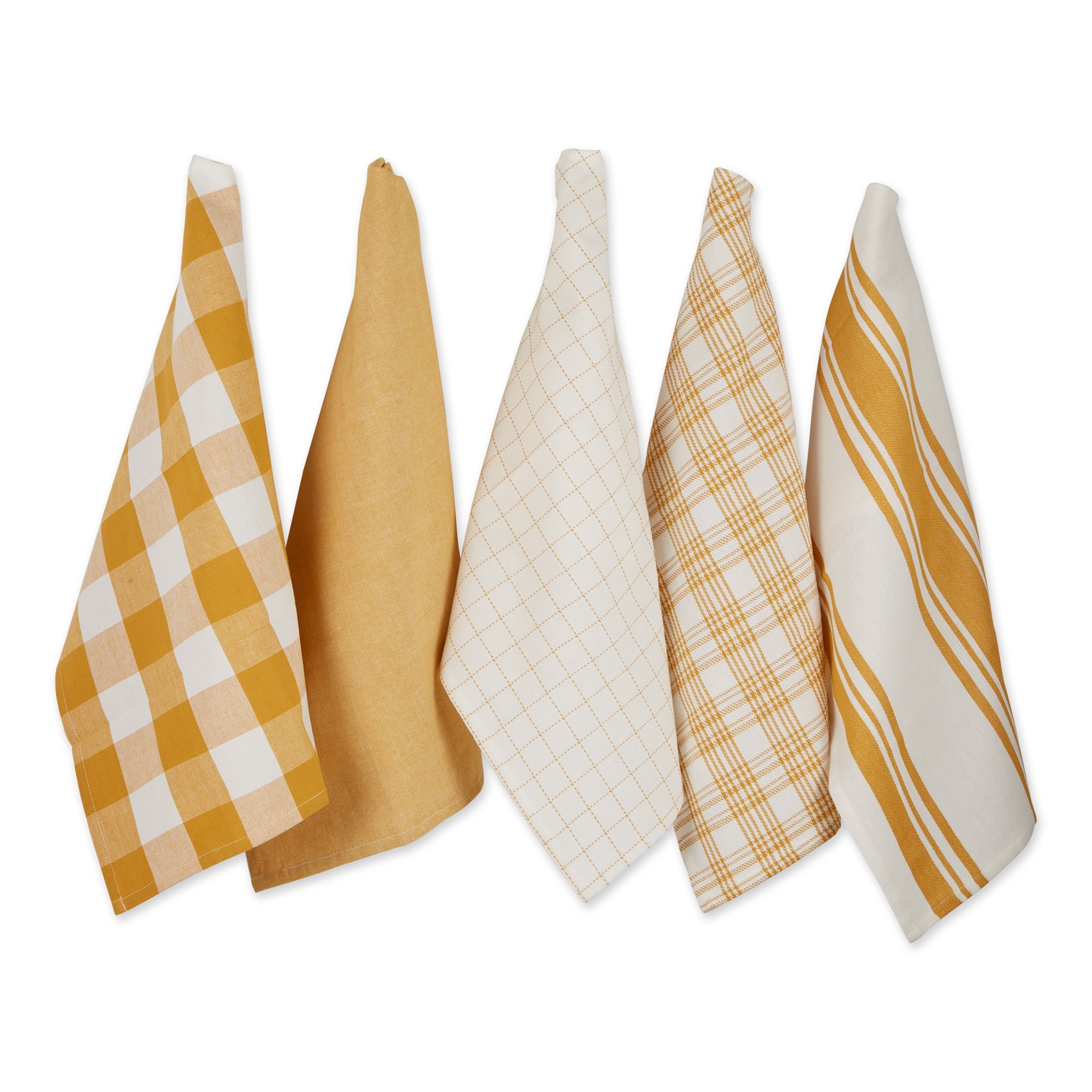Honey Gold and White Cotton Kitchen Dishtowel Set, 18x28, 5 Count