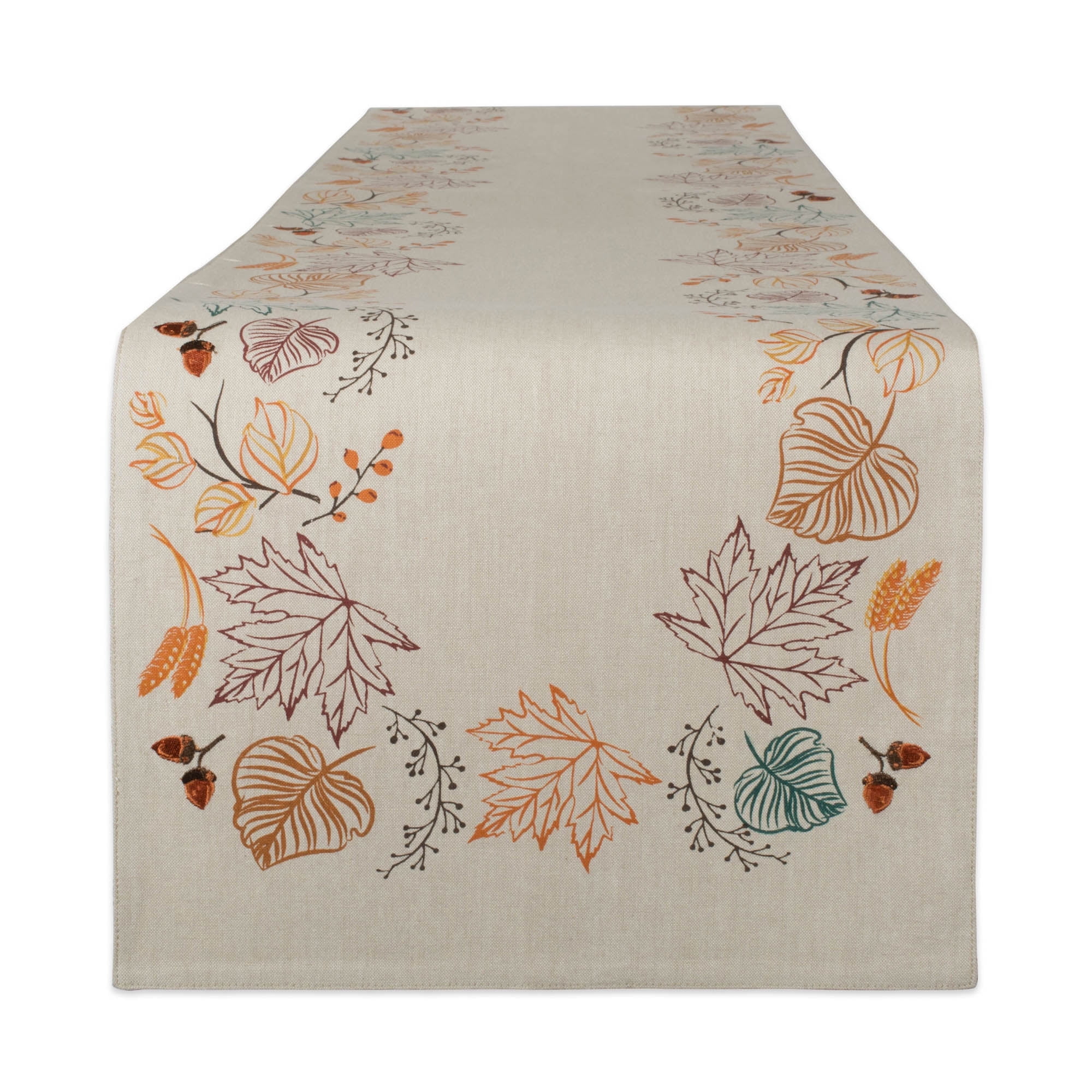 Autumn Leaves Embellished Cotton Table Runner, 72in, Beige
