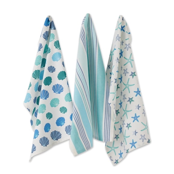Contemporary Home Living Starfish and Seashells Kitchen Dishtowels -  28" - Sky Blue and White - Set