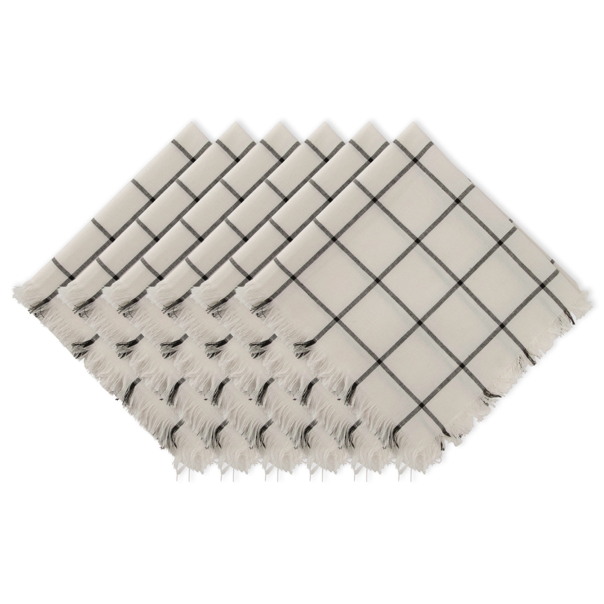Black and White Checkered Cotton Napkins with Fringe, Set of 6