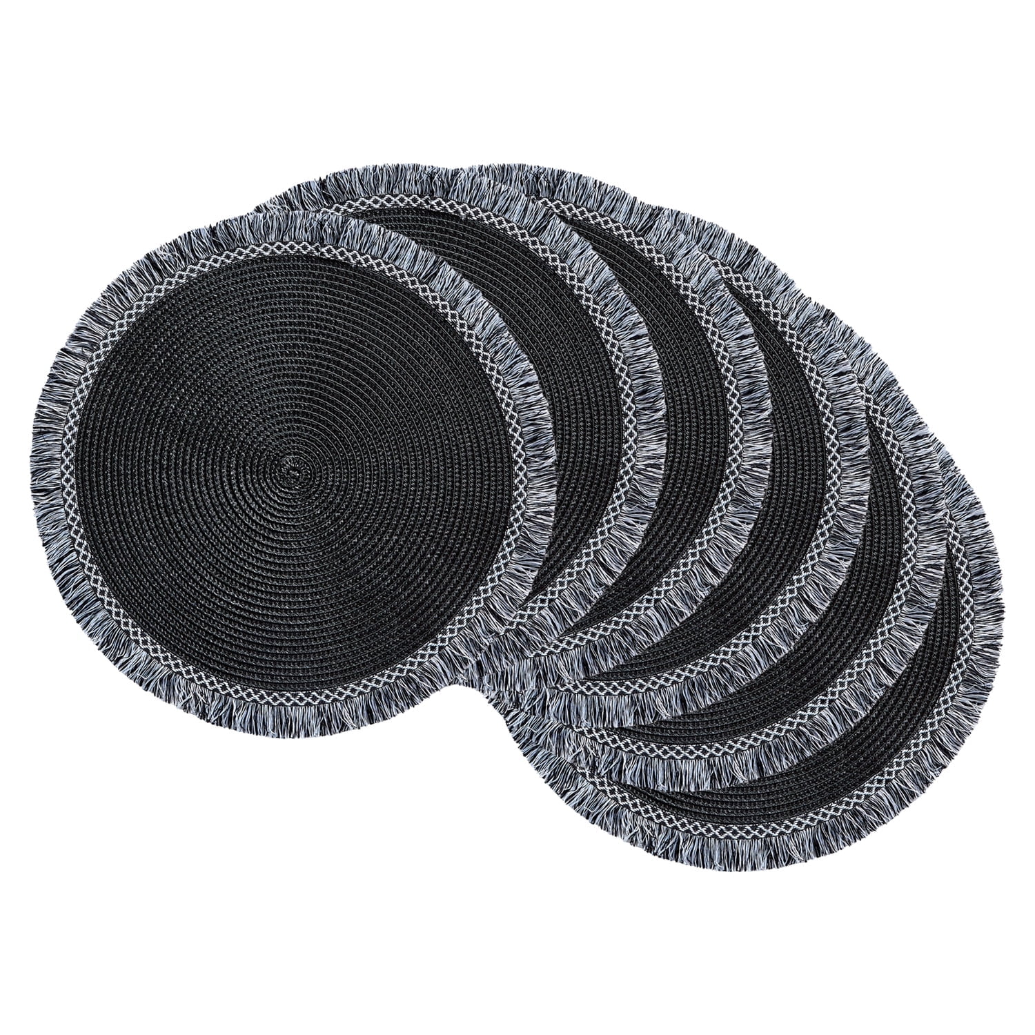 Black Round Fringed Woven Plastic Placemat Set of 6