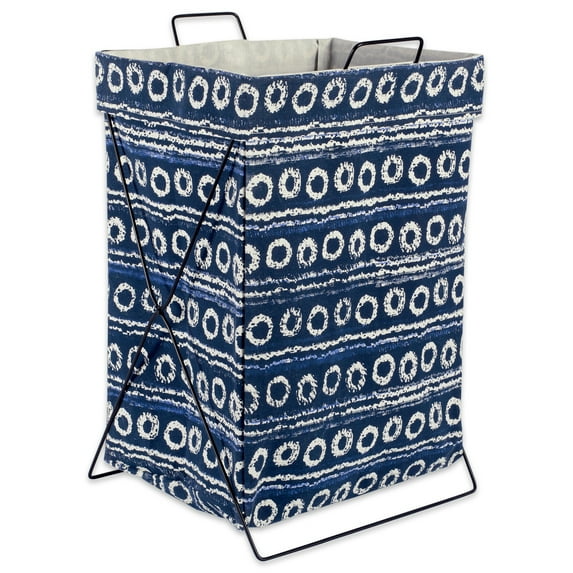 DII 11.5" Cotton Circles Stripes Metal Frame Laundry Basket in Blue/White