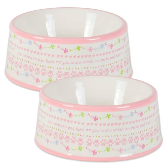 DII Multicolor Cat Loves Fish Ceramic Small Pet Bowl Set/ 2
