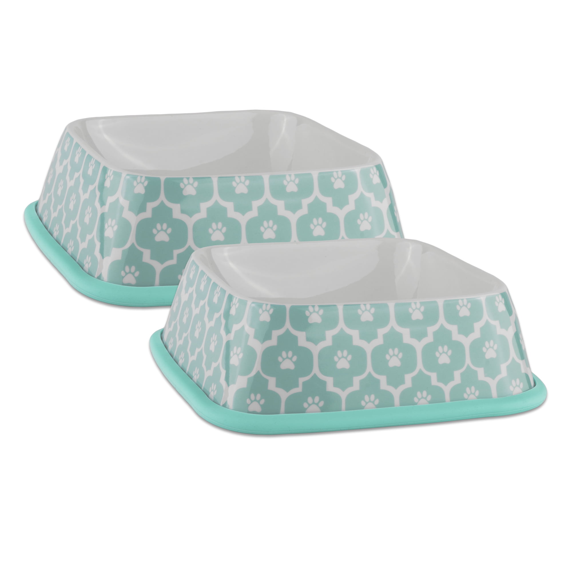 DII Pet Bowl Paw Lattice Aqua Square (Set of 2)