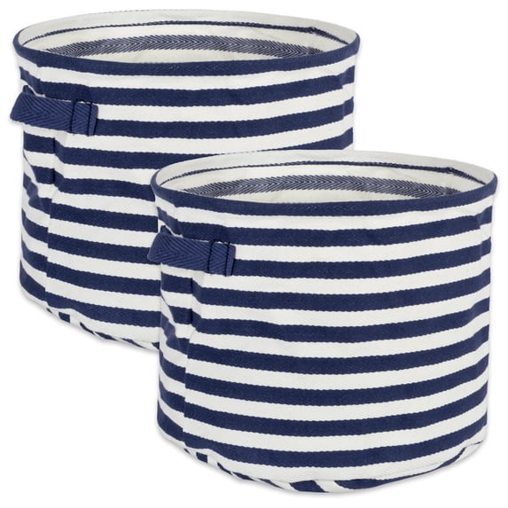 DII Round Modern Woven Cotton Small Stripe Laundry Bin in Blue (Set of 2)