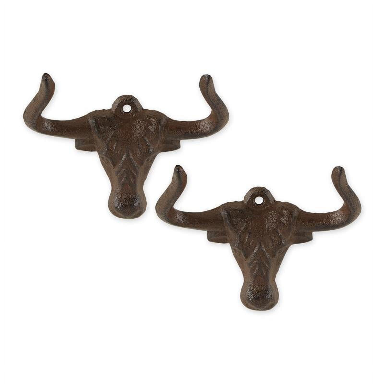 Rustic Brown Cast Iron Ox Head Wall Hook Set, 5" Length