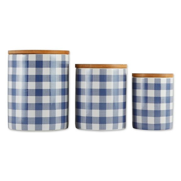 DII Ceramic Canister Set of 3, Food Safe, Assorted Sizes, Buffalo Check, Blue & White