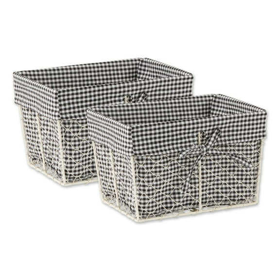 DII Chicken Wire Storage Baskets with Liner, Medium, Antique Black & White Gingham, 11x7.88x7", 2 Piece