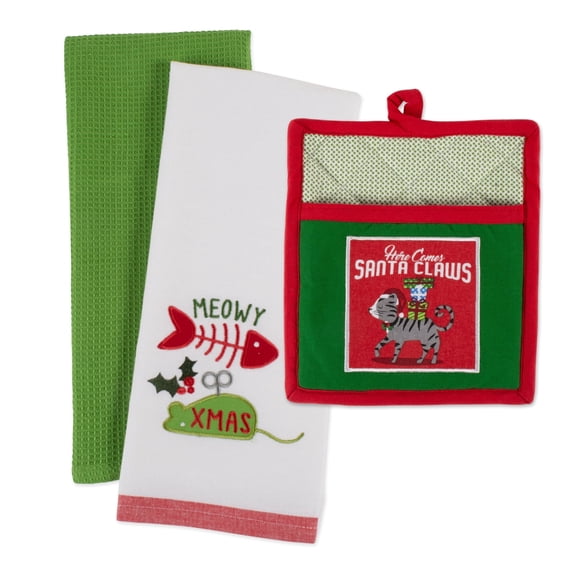 DII Cotton Christmas Kitty Embellished Kitchen Gift in Multi-Color (Set of 3)