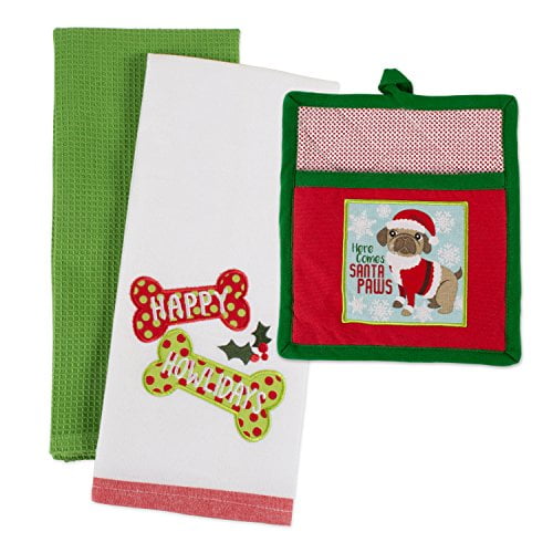 DII Cotton Christmas Pup Embellished Kitchen Gift in Multi-Color (Set of 3)