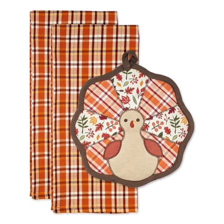 DII Cotton Thanksgiving Holiday Gobble Turkey Potholder Gift Set in Orange