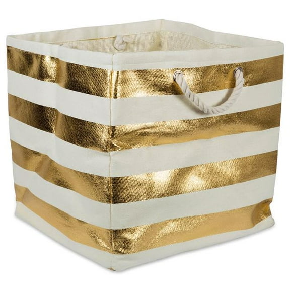 DII Durable Woven Striped Storage Bin with Rope Handles, Large Cube, 16x16x16", Gold