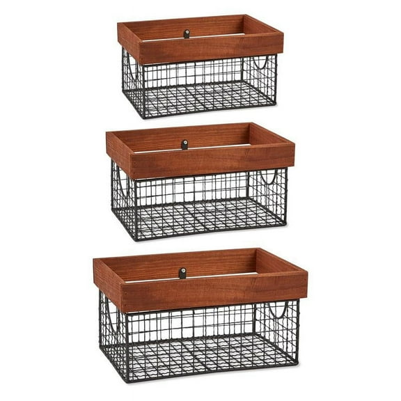 DII Farmhouse Wood Rimmed Wire Storage Basket Set, Bronze, Assorted