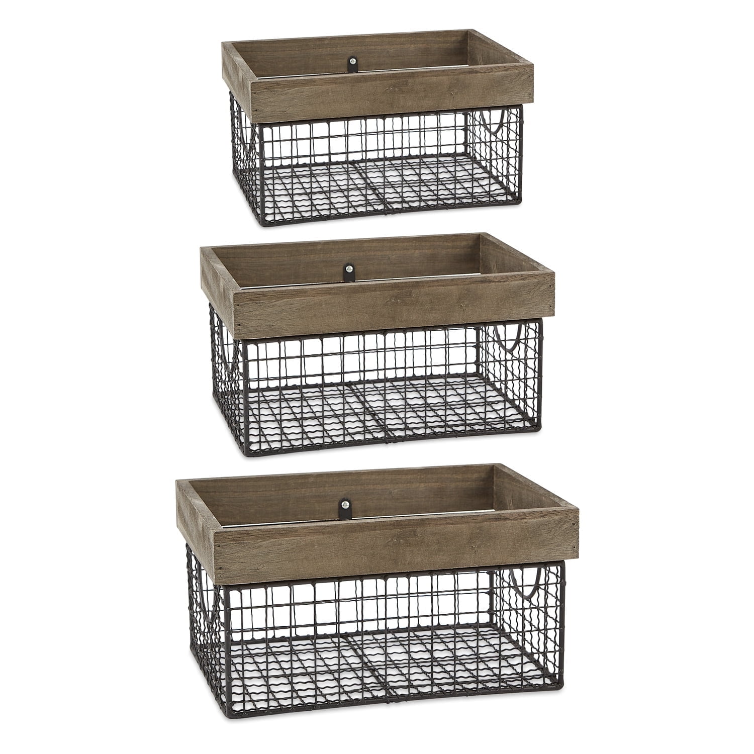 Rustic Farmhouse Metal & Wood Rectangular Storage Baskets, Set of 3