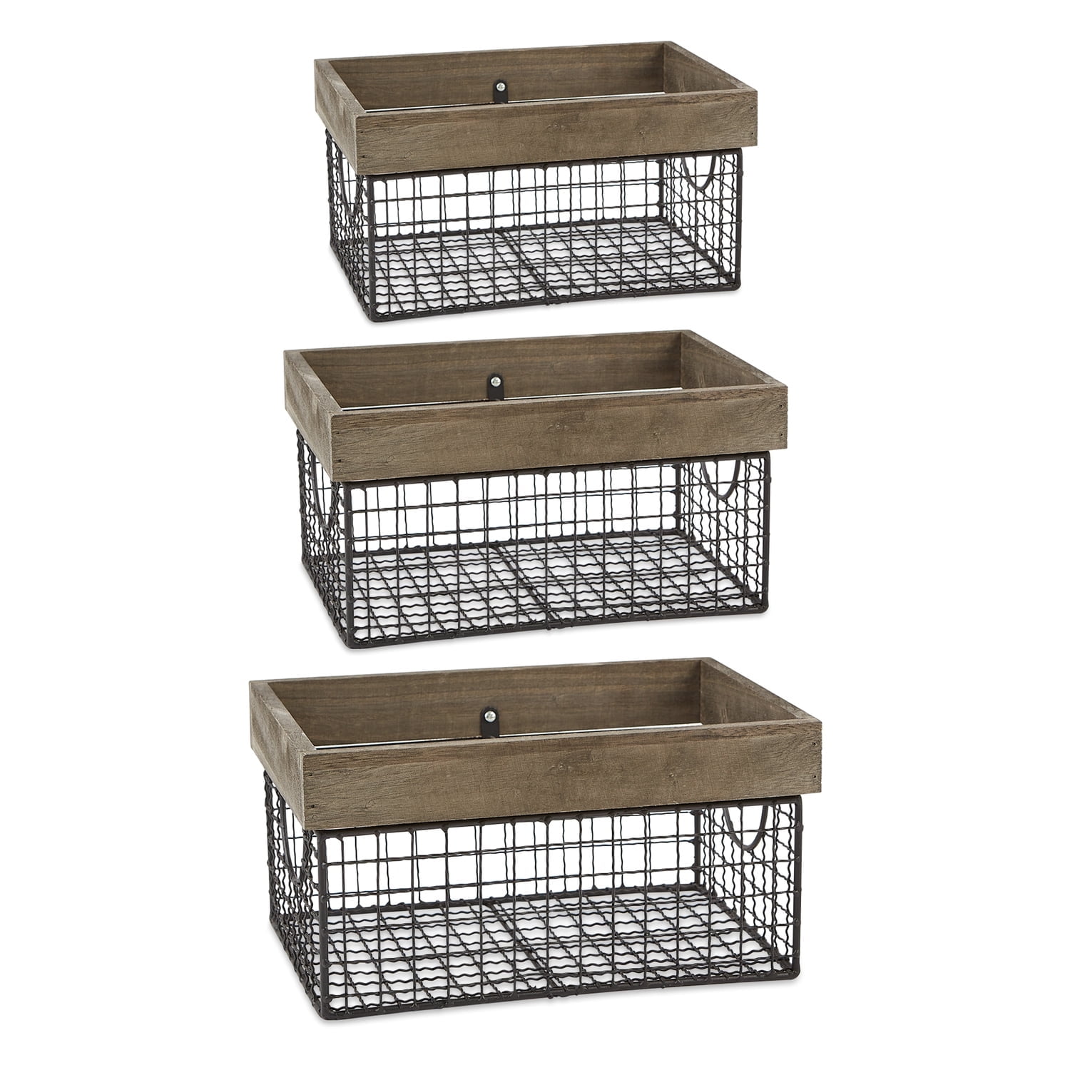 Rustic Farmhouse Metal & Wood Rectangular Storage Baskets, Set of 3